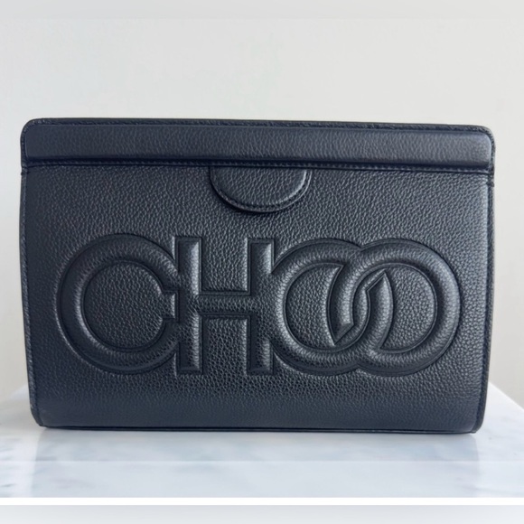 Jimmy Choo Logo Calf Leather Clutch Pouch handbag Medium- Large Logo Black NEW